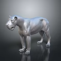 Silver Metal Big Cat Sculpture With Muscular Body On Reflective Surface
