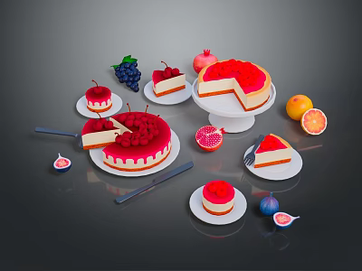 Delicious Raspberry Cakes Slices And Fresh Fruits On Plates With Grapes Pomegranate Oranges 3d model