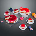 Delicious Raspberry Cakes Slices And Fresh Fruits On Plates With Grapes Pomegranate Oranges