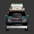 Blue Custom Pickup Truck With Red Accents Roof Rack Green Cargo And Spare Tire