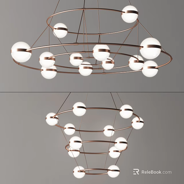 Modern Hanging Chandelier With Spherical Bulbs And Copper Metal Rings 3d model 