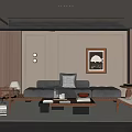 Modern Living Room Interior Design With Gray Sofa Wooden Coffee Table Rug And Wicker Chair