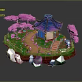 Traditional Pavilion on Floating Island with Blue Roof Pink Trees Red Bridge and Green Grass