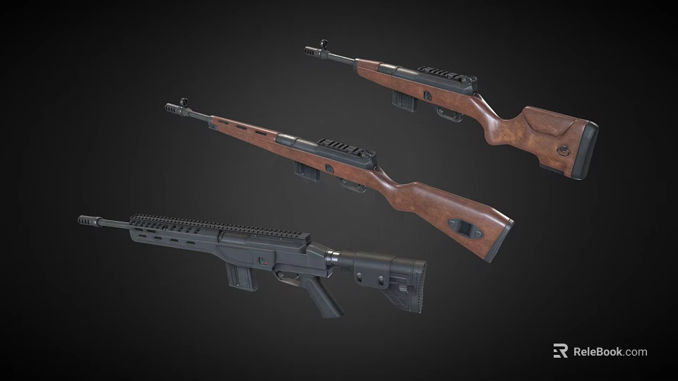 Various Types of Tactical Rifles with Wooden Stocks and Black Metal Components 3d model 