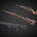 Various Types of Tactical Rifles with Wooden Stocks and Black Metal Components