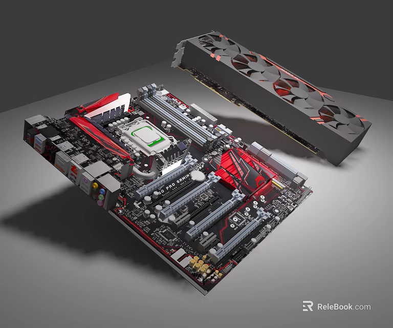 High Performance Computer Motherboard and Graphics Card with Red Black Design and Cooling Fans 3d model 