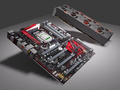 High Performance Computer Motherboard and Graphics Card with Red Black Design and Cooling Fans 3d model