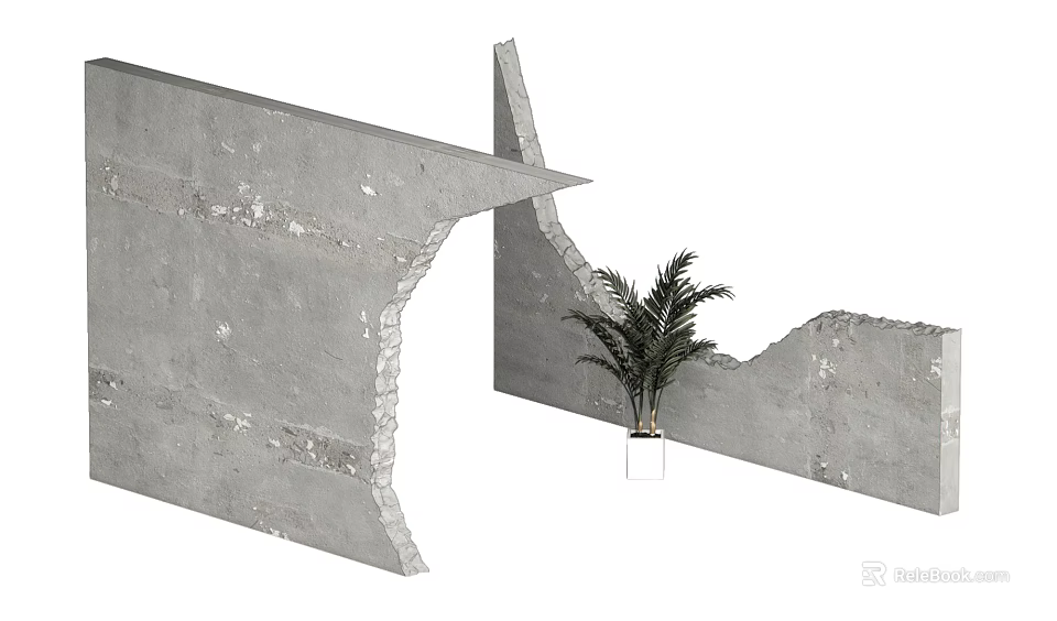Concrete Wall With Irregular Edges Featuring Green Palm Plant In White Planter 3d model 