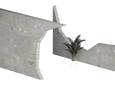 Concrete Wall With Irregular Edges Featuring Green Palm Plant In White Planter 3d model