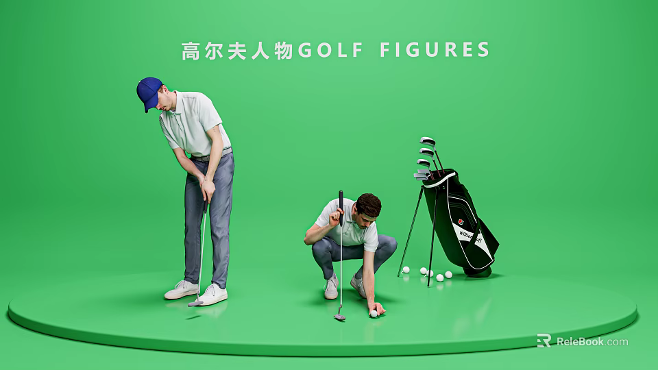 Two Men Preparing to Play Golf and Checking Clubs with Bag Balls on Green Background 3d model 