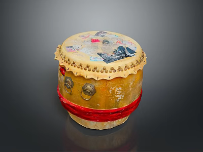 Traditional Yellow Drum With Painted Top Decorative Tassels Red Straps And Metal Rings 3d model