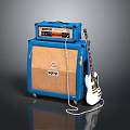 Blue Amplifier Brown Speaker Cabinet with White Electric Guitar and Connecting Cable