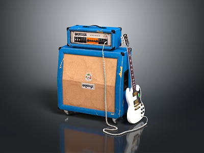 Blue Amplifier Brown Speaker Cabinet with White Electric Guitar and Connecting Cable 3d model