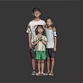 Three Children Standing Together With Gray Background Black Floor And Reflection