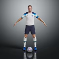 Man In White And Blue Football Jersey Standing With Soccer Ball Arms Outstretched