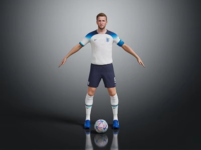 Man In White And Blue Football Jersey Standing With Soccer Ball Arms Outstretched 3d model