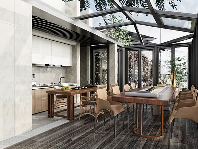 Luxurious Villa Balcony With Glass Roof Kitchen And Dining Area 3d model