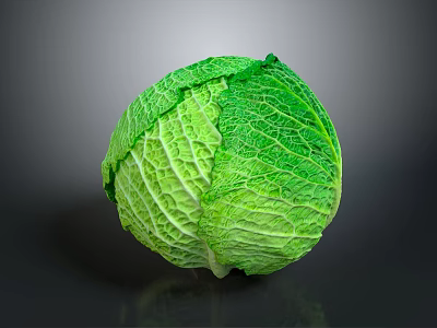 Fresh Green Cabbage With Prominent Veined Texture On Dark Background And Reflection 3d model
