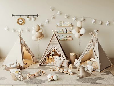 Cozy Kids Teepee Tents With Beige Balloons Star Decorations And Stuffed Toys 3d model