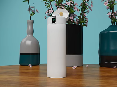 White Vacuum Flask on Wooden Table with Vases Flowers and Light Blue Background 3d model