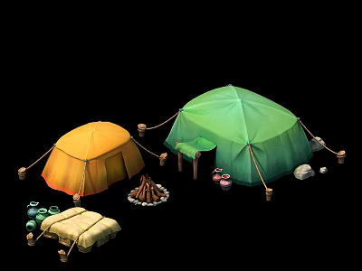 Yellow And Green Camping Tents With Campfire Sleeping Bag And Cooking Gear 3d model