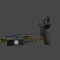 Black Tactical Pistol With Magazine And Bullets On Dark Background