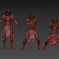 Three Female Characters In Blue And Gold Outfits With Different Fighting Poses