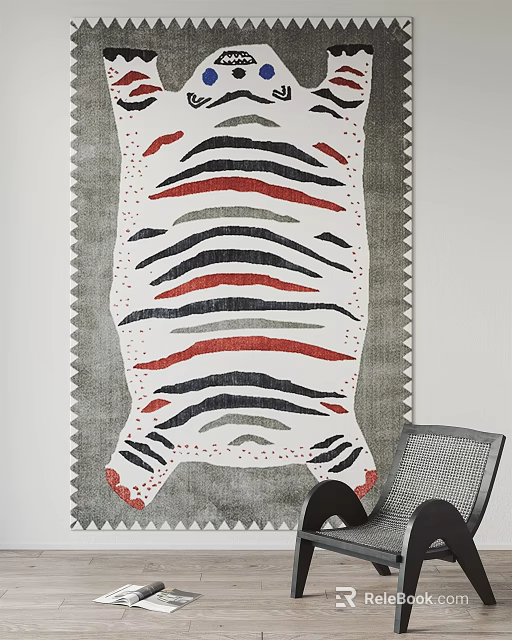 Modern Square Rug With Black White Red Striped Pattern And Serrated Gray Border 3d model 