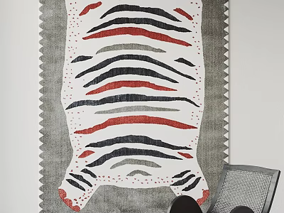 Modern Square Rug With Black White Red Striped Pattern And Serrated Gray Border 3d model