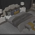Modern Double Bed with Upholstered Headboard Pillows Comforter Nightstands Table Lamps and Bench