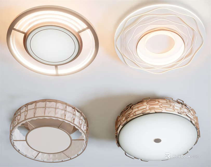 Various Modern Ceiling Lights with Circular Layered Illuminated Edges and Woven Textures for Interior Spaces 3d model 
