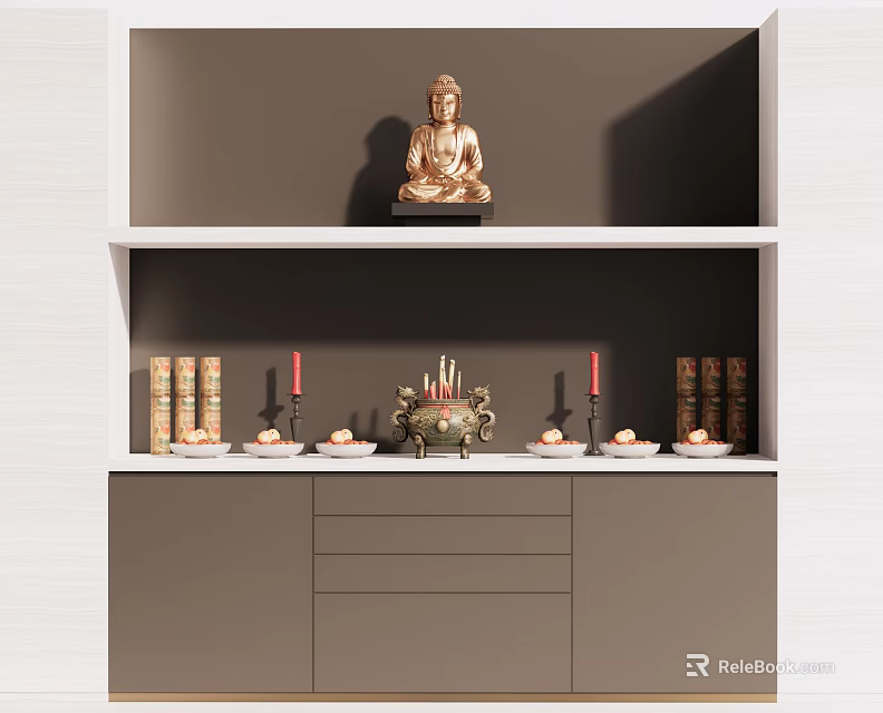 Traditional Buddhist Shrine Cabinet with Buddha Statue Incense Burner Candles and Scriptures 3d model 