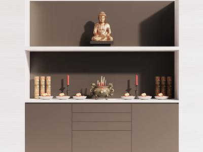 Traditional Buddhist Shrine Cabinet with Buddha Statue Incense Burner Candles and Scriptures 3d model