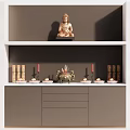 Traditional Buddhist Shrine Cabinet with Buddha Statue Incense Burner Candles and Scriptures