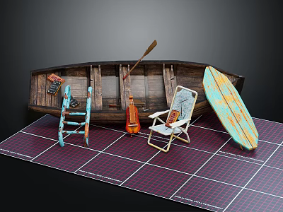 Vintage Wooden Boat With Colorful Chairs Oar And Surfboard On Checkered Mat 3d model