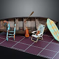 Vintage Wooden Boat With Colorful Chairs Oar And Surfboard On Checkered Mat