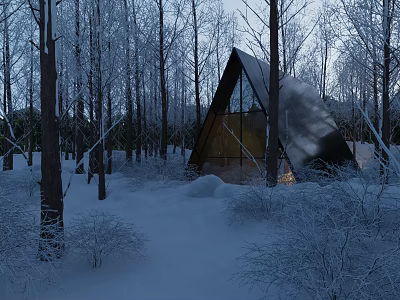 Snowy Forest Single Family House With Triangular Roof Glass Walls And Warm Lights 3d model