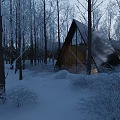Snowy Forest Single Family House With Triangular Roof Glass Walls And Warm Lights