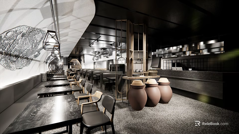 Modern Restaurant Interior Design With Wooden Tables Chairs Decorative Clay Jars And Hanging Ceiling Lights 3d model 