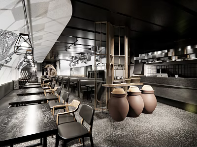 Modern Restaurant Interior Design With Wooden Tables Chairs Decorative Clay Jars And Hanging Ceiling Lights 3d model