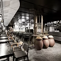 Modern Restaurant Interior Design With Wooden Tables Chairs Decorative Clay Jars And Hanging Ceiling Lights