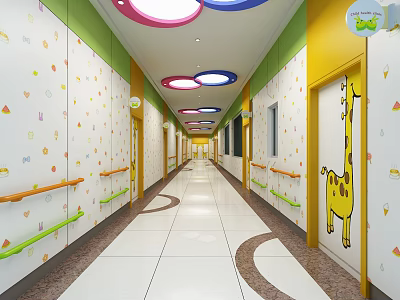 Colorful Elevator Hallway With Cartoon Giraffe Decor Round Ceiling Lights And Child Friendly Handrails 3d model