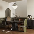 Modern Dining Table Set With Round Table Mixed Design Chairs Pendant Light And Arched Wall 3d model