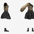 Elegant Long Sleeve Floral Pattern Top And Black Pleated Leather Skirt With Matching Black Boots