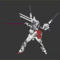 White Mecha Robot Character With Red Blue Accents Swords And Cannons Battle Stance