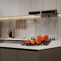 Modern Kitchen With Grey Cabinets Stainless Steel Refrigerator Marble Countertop Range Hood And Hanging Utensils