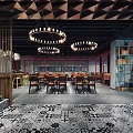 Modern Restaurant Interior With Triangular Ceiling Chandeliers Dining Tables And Patterned Floor