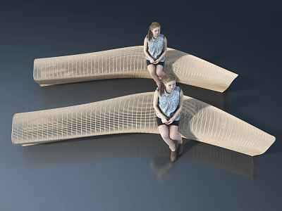 Two Girls Sitting On Modern Curved Wooden Structure With Smooth Surface 3d model