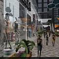 Vibrant Commercial Street with Pedestrians Storefront Displays Green Plants and Modern Buildings