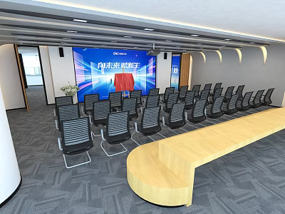 Modern Conference Room Interior Design With Large Screen Chairs And Wooden Long Table 3d model